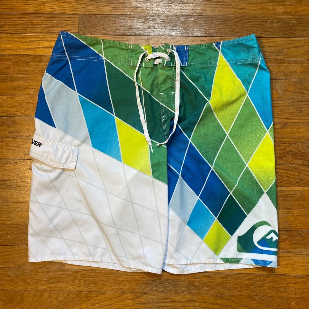 Quiksilver Board Shorts Mens 38 Geometric Diamond Green Blue Swim Surf Trunks